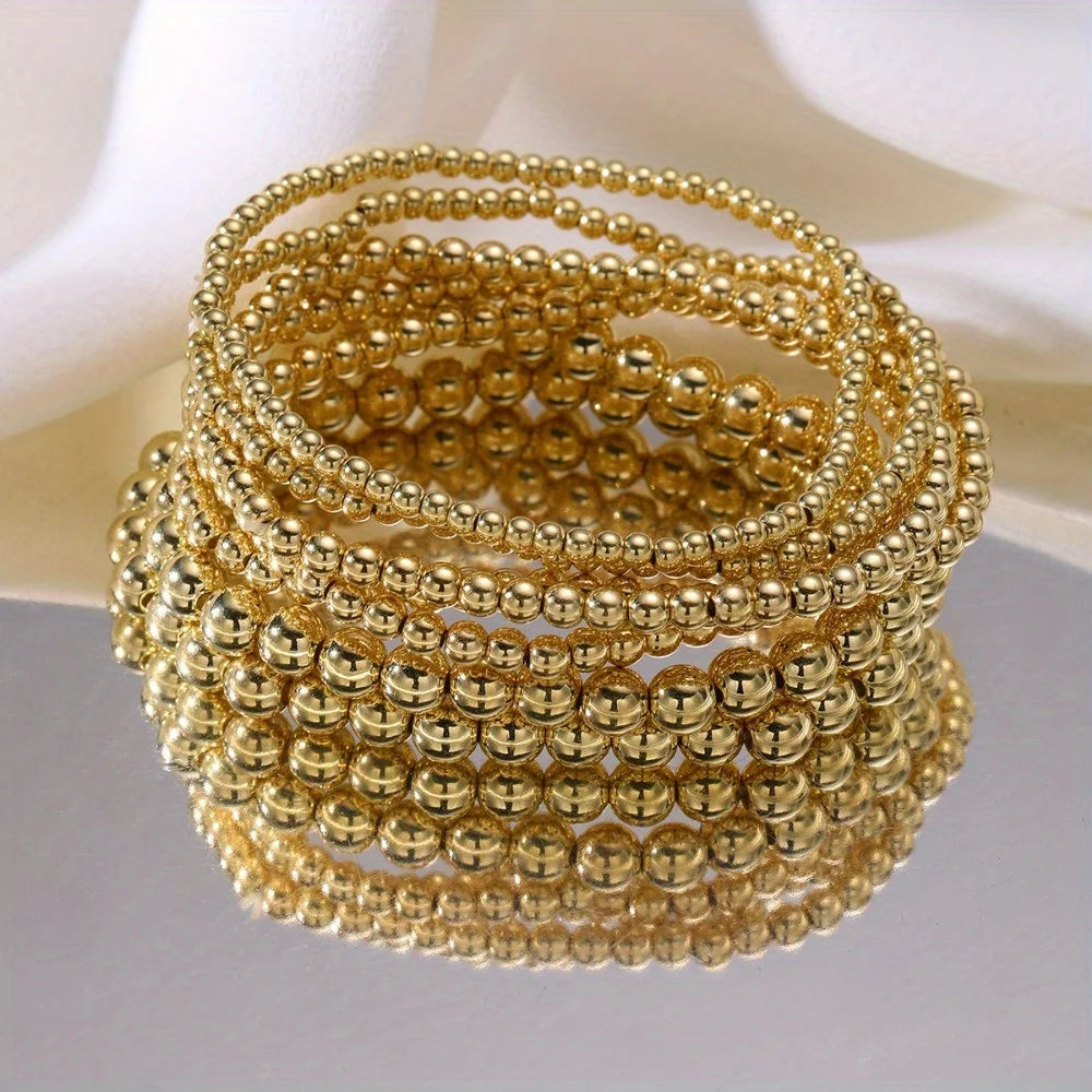 7PCS Golden Bead Bracelet Set for Women Flexible Stretch Fit Minimalist Beaded Bangles by edenista