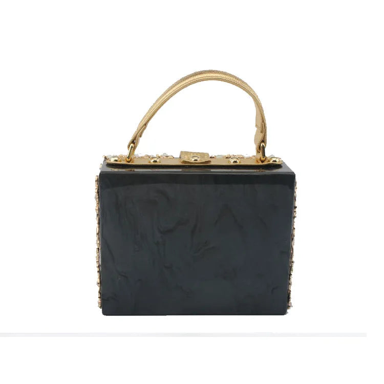 Edenista acrylic evening bag with gold-tone handle and rhinestone trim, black clutch