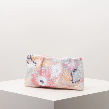 Clutch bag by Edenista with pastel sequin floral embroidery and purple bead trim