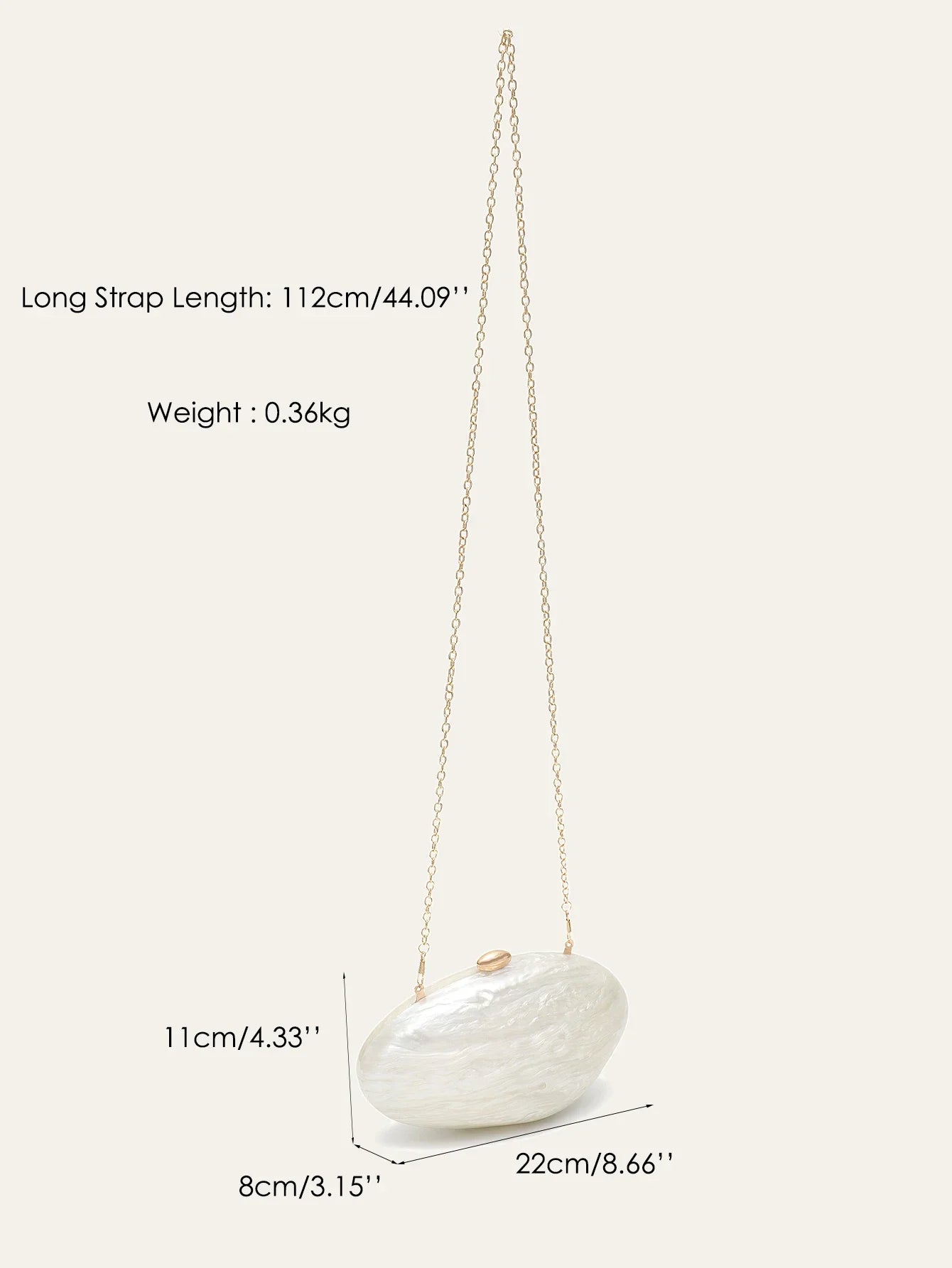Edenista shell-shaped acrylic clutch with gold chain; solid white finish, elegant evening bag