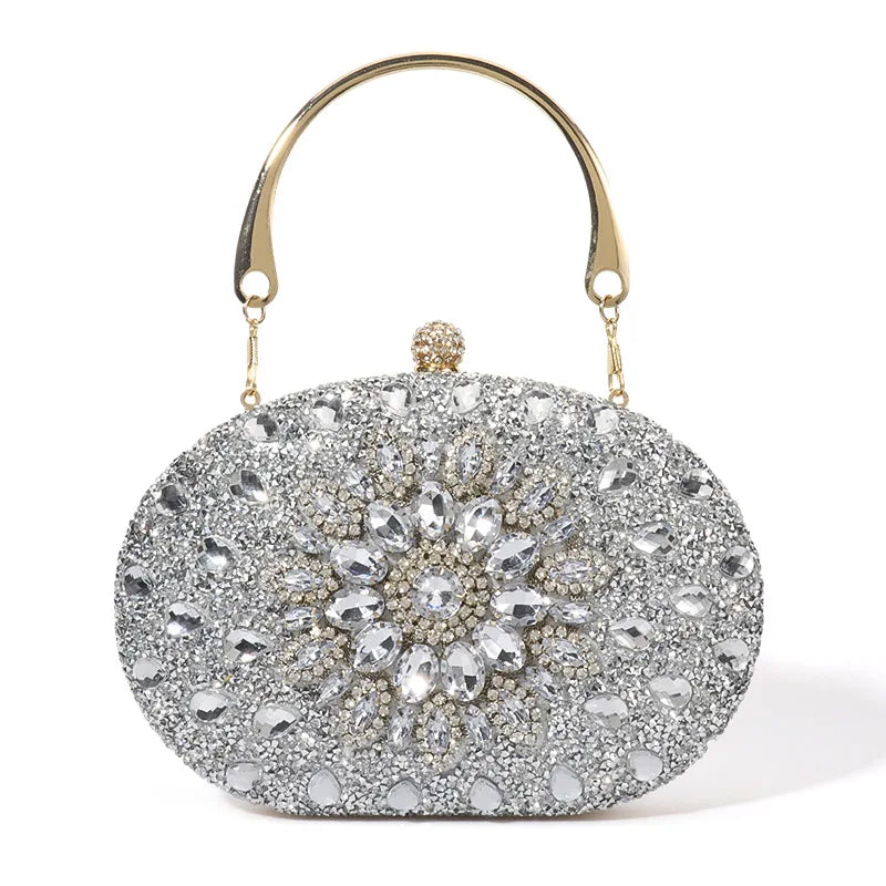 Evening bag clutch Edenista crystal-embellished silver-tone with gold-tone handle