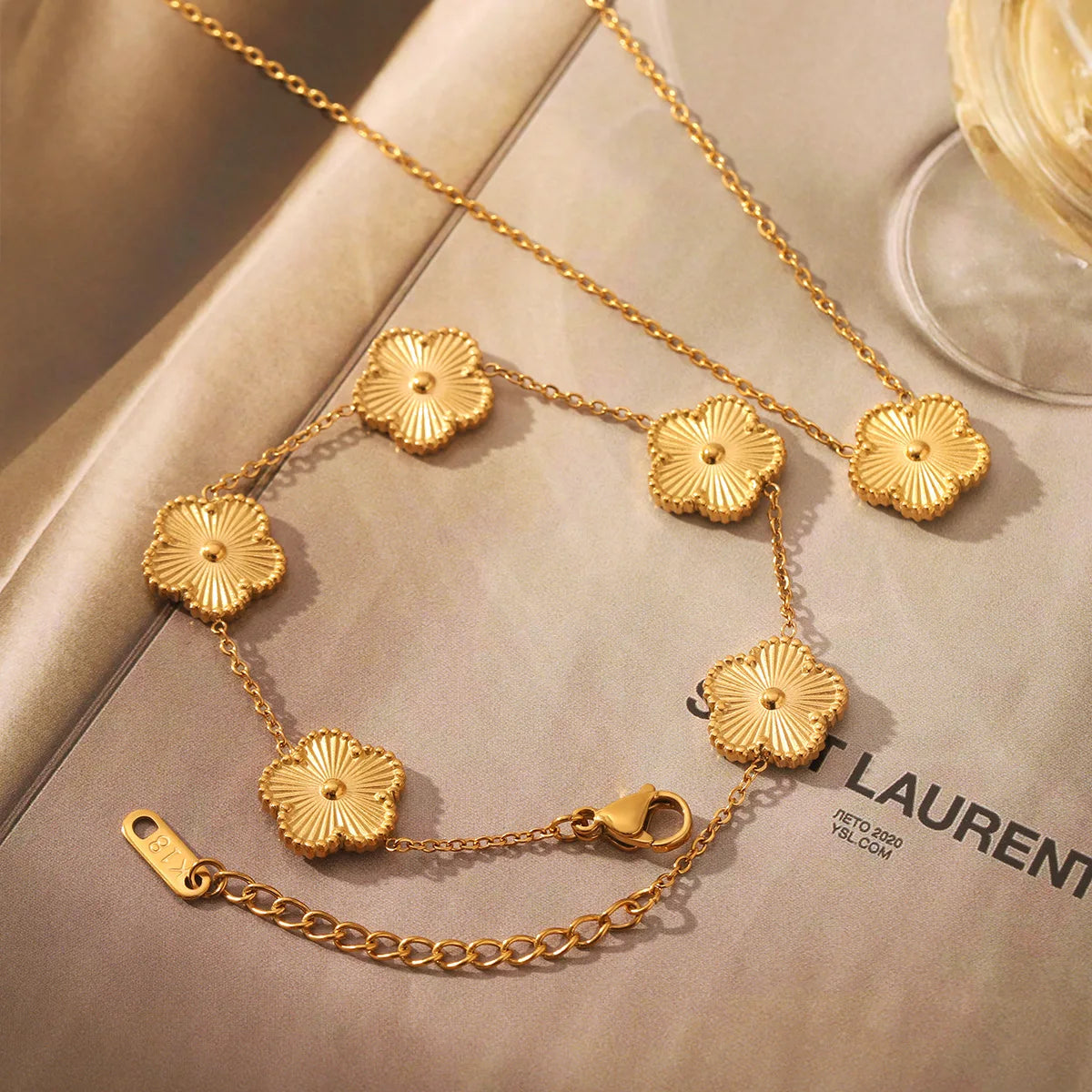 Clover Flower Charm Necklace & Bracelet Set – Gold