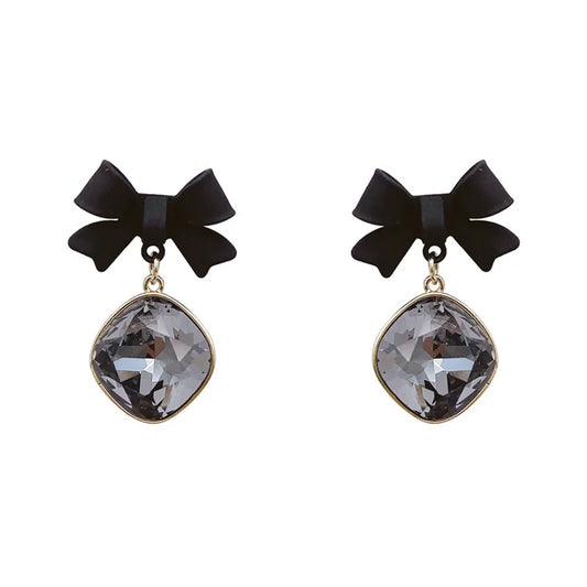 Elegant black bow-tie drop earrings, pair with clear grey cushion-cut gemstones, gold-tone alloy setting