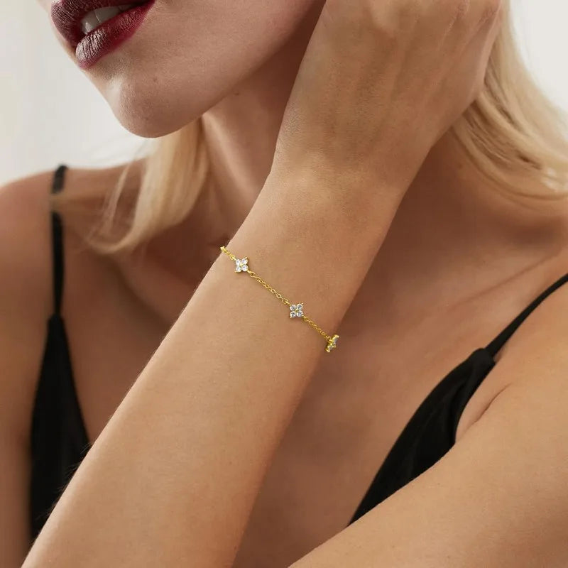 Four Leaf Flower Zircon Bracelet for Women – 925 Silver & 18K Gold