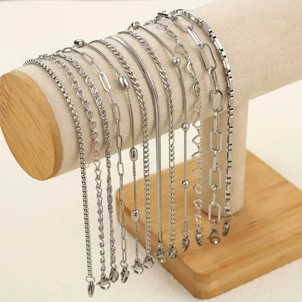 12-Piece Stainless Steel Bracelet Set for Women