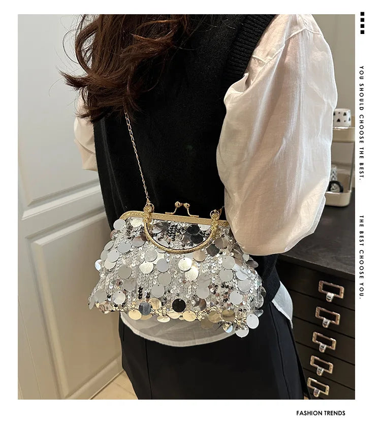 Sequined silver crossbody shoulder bag with gold-tone frame and chain strap