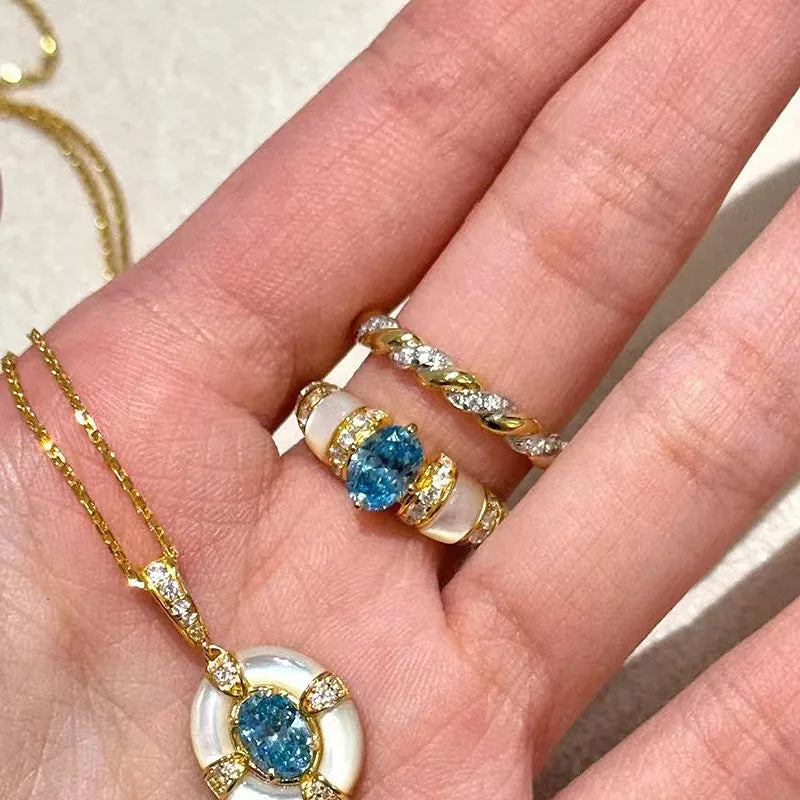 Classic blue jewelry sets dreamy aquamarine gem White Fritillaria Ring necklace by edenista