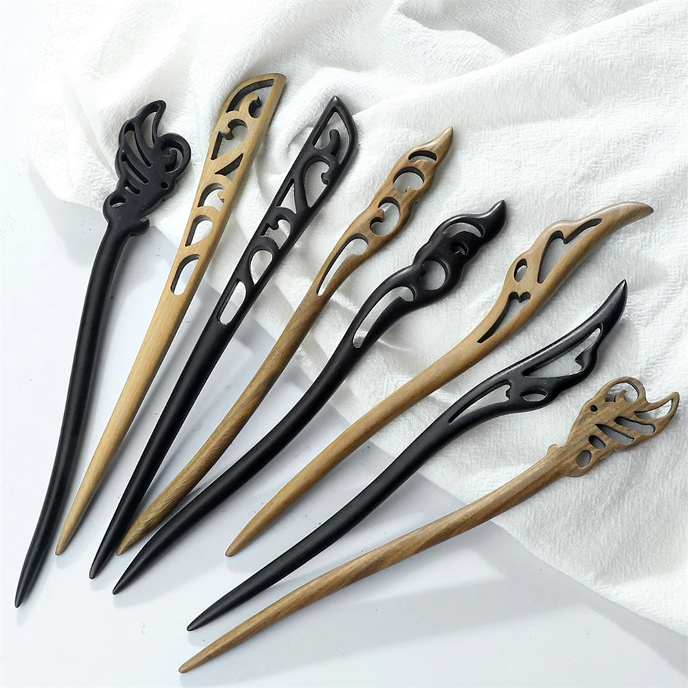 Set of 9 Chinese ethnic style hair sticks in black and natural wood tones with elegant cutout designs.