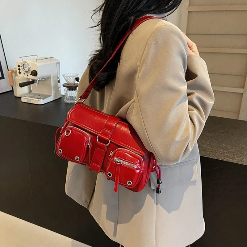 Multi-Pocket Rivet Shoulder Bag for Women – PU Leather