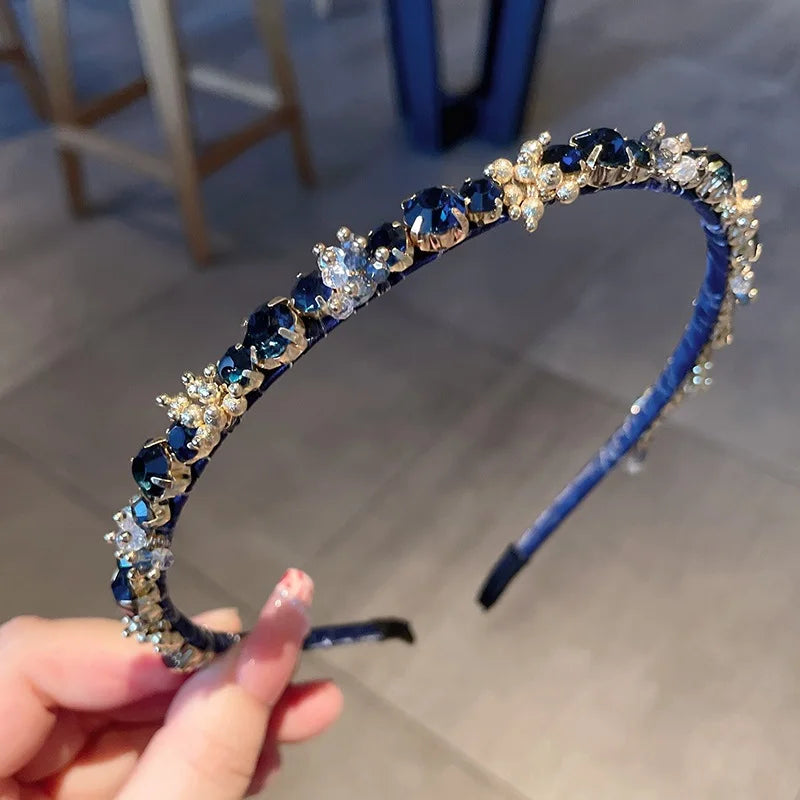 Edenista blue rhinestone headband with gold-tone settings, Korean fashion hair accessory