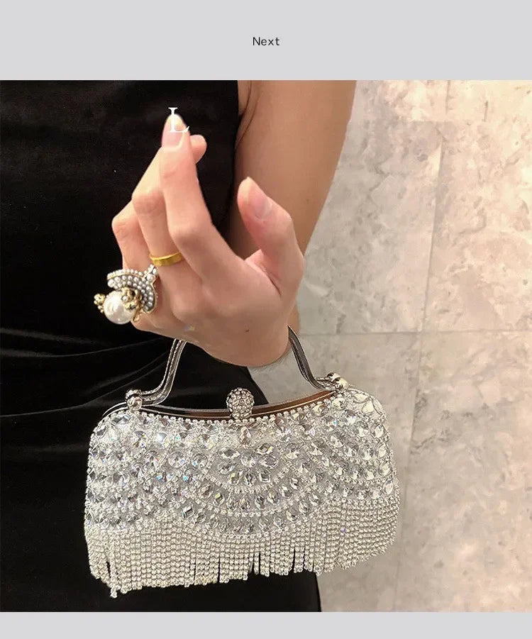 Diamond rhinestone evening clutch with silver fringe tassels