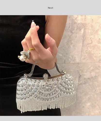 Diamond rhinestone evening clutch with silver fringe tassels