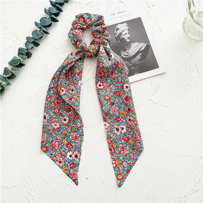 Flower Bow Satin Hair Ribbon Scrunchies – Vintage Ponytail Hairbands for Women