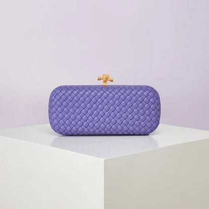 Purple woven PU clutch with gold-tone clasp, box-style evening bag