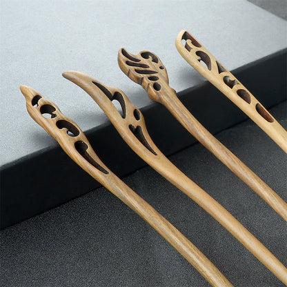 Hair sticks Edenista, green sandalwood, Chinese ethnic style with carved cutouts (set of 4)