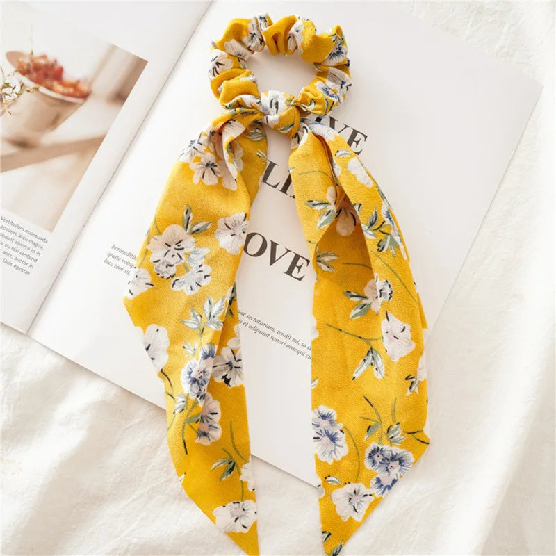 Flower Bow Satin Hair Ribbon Scrunchies – Vintage Ponytail Hairbands for Women