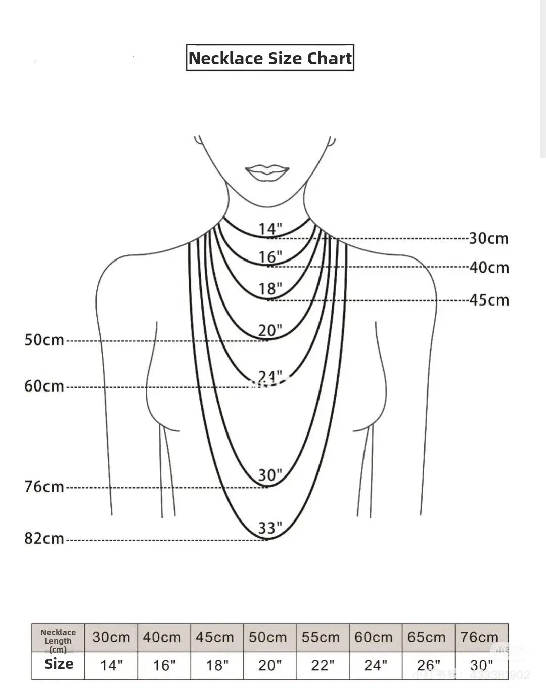 Ultra-Shiny Wedding Jewelry Set size chart by dsers showing layered necklace lengths from 14 to 33 inches.