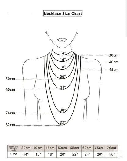 Ultra-Shiny Wedding Jewelry Set size chart by dsers showing layered necklace lengths from 14 to 33 inches.