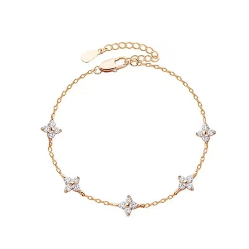 Crystal Four Leaf Flower Bracelet for Women Classic Trendy Gold Color Stainless Steel Zircon Bangle Jewelry Gift by edenista