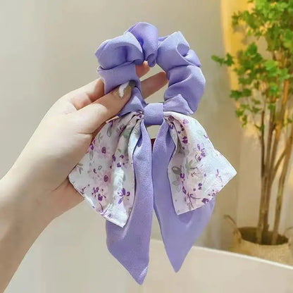 Floral Bow Large Scrunchie Hair Tie – Elastic Rubber Band for Women
