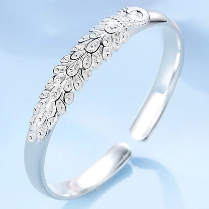 Edenista 925 sterling silver peacock feather open cuff bracelet for women, elegant party wedding jewelry