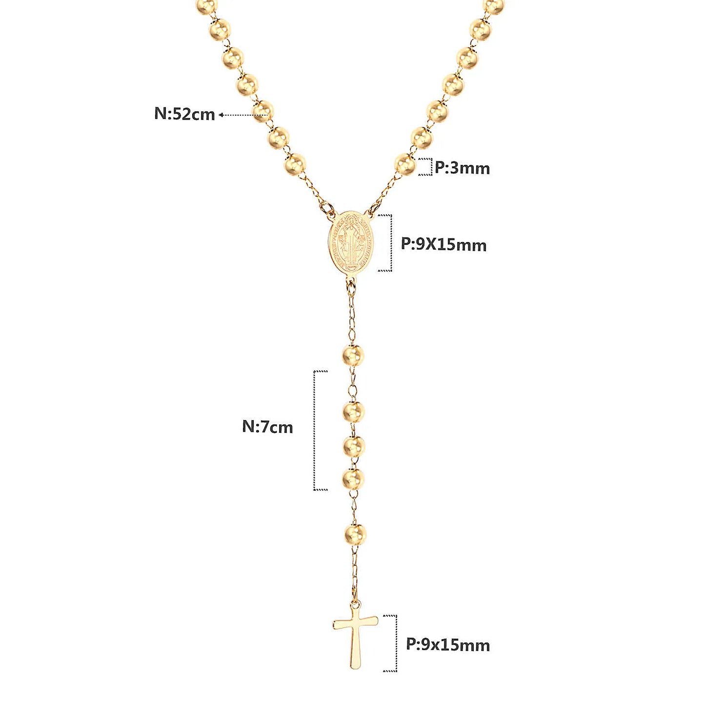 Gold rosary necklace with measurements on a white background