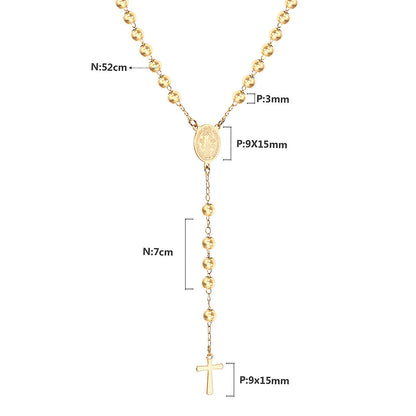 Gold rosary necklace with measurements on a white background