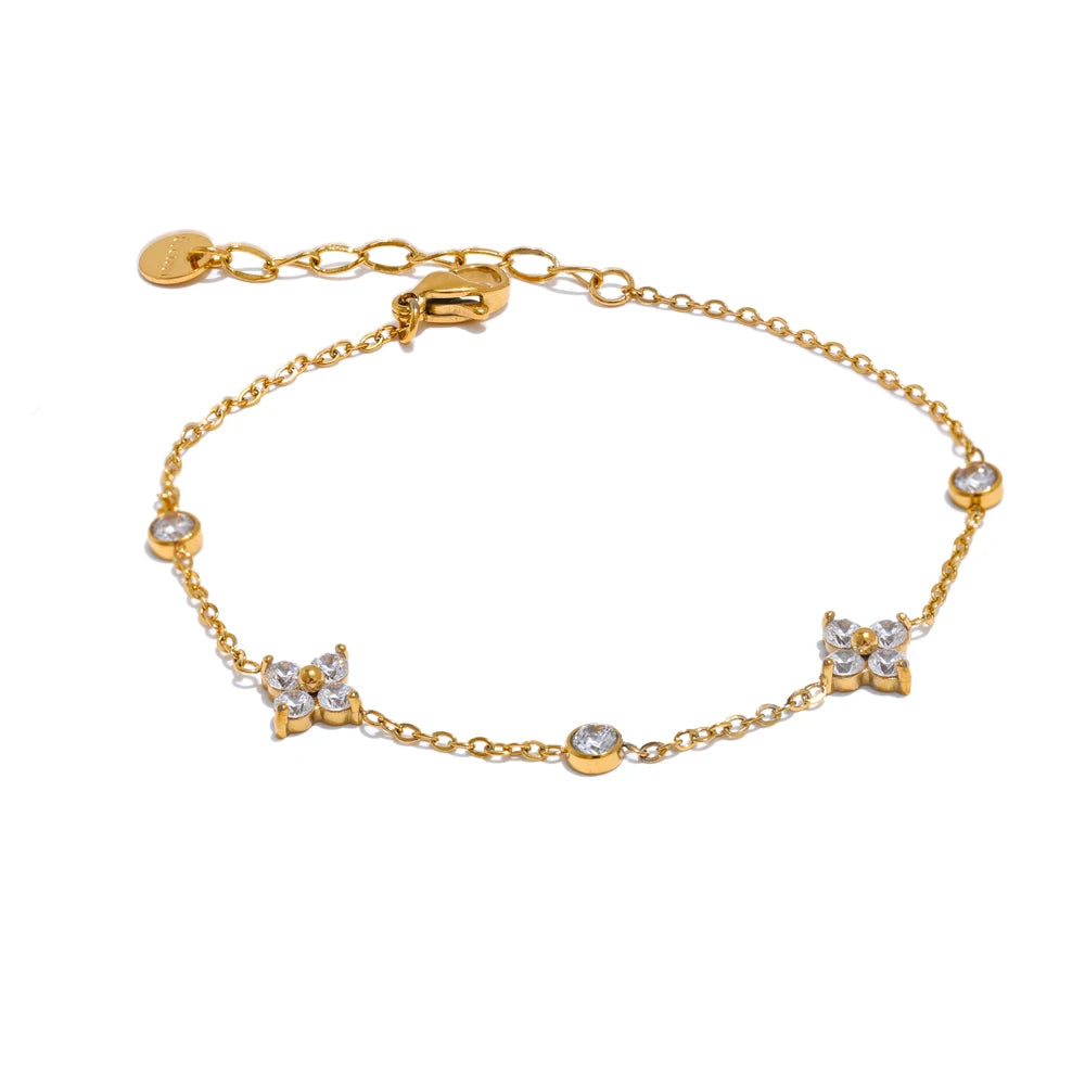 Cubic Zirconia Flower Chain Thin Bracelet – PVD Gold Plated