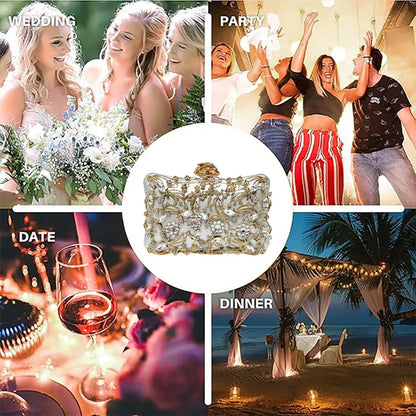 Diamond-embellished banquet bag, gold-tone evening clutch for weddings and parties