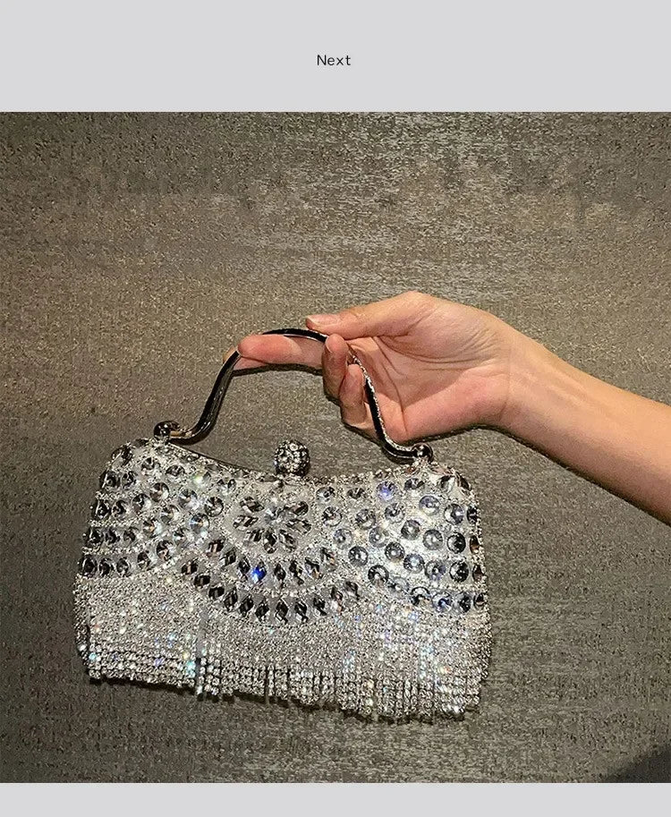 Diamond evening clutch bag with clear rhinestones and metallic fringe tassels
