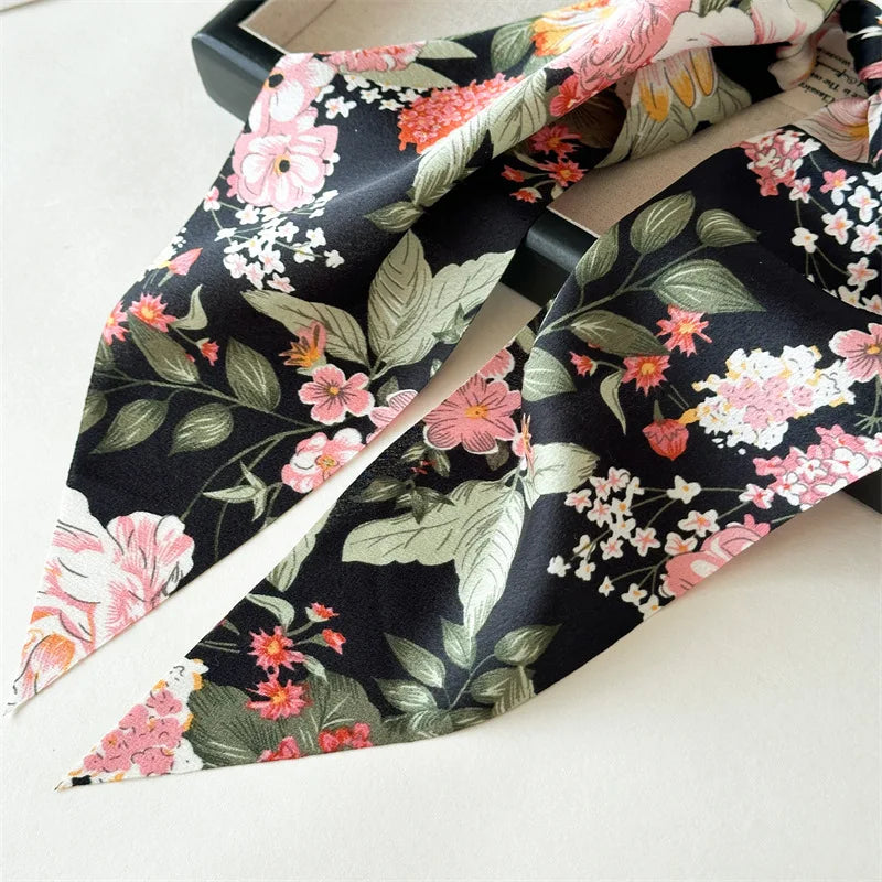 Flower Bow Satin Hair Ribbon Scrunchies – Vintage Ponytail Hairbands for Women