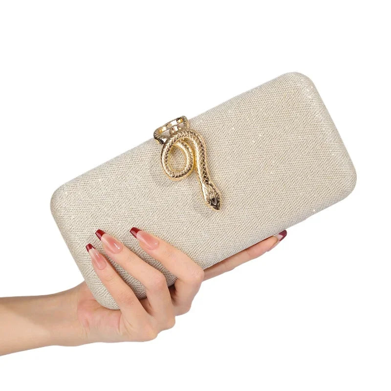Beige textured sparkling clutch bag with gold snake buckle, square box evening purse