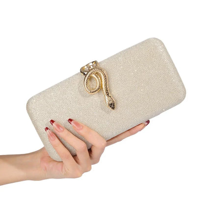 Beige textured sparkling clutch bag with gold snake buckle, square box evening purse