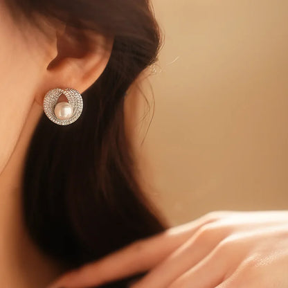 Zircon round pearl stud earrings for women with pavé circular setting in silver-tone