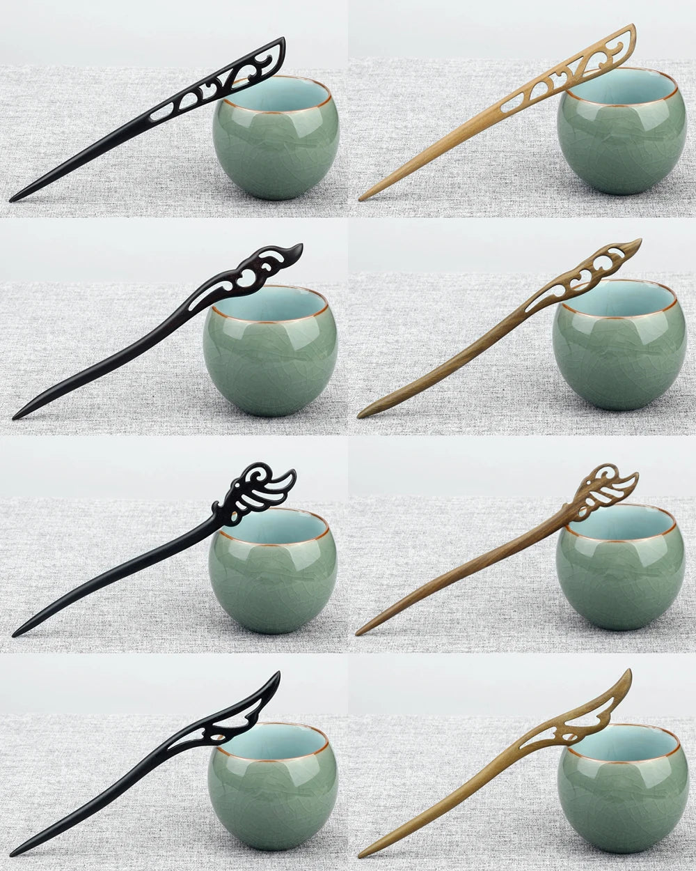 Chinese ethnic style hair sticks, 6 pieces in black and natural wood finishes with cutout and wing designs.