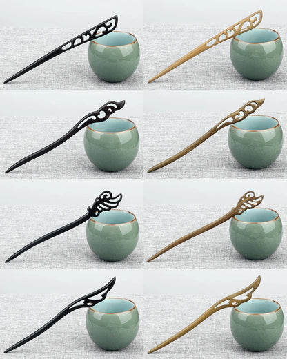 Chinese ethnic style hair sticks, 6 pieces in black and natural wood finishes with cutout and wing designs.