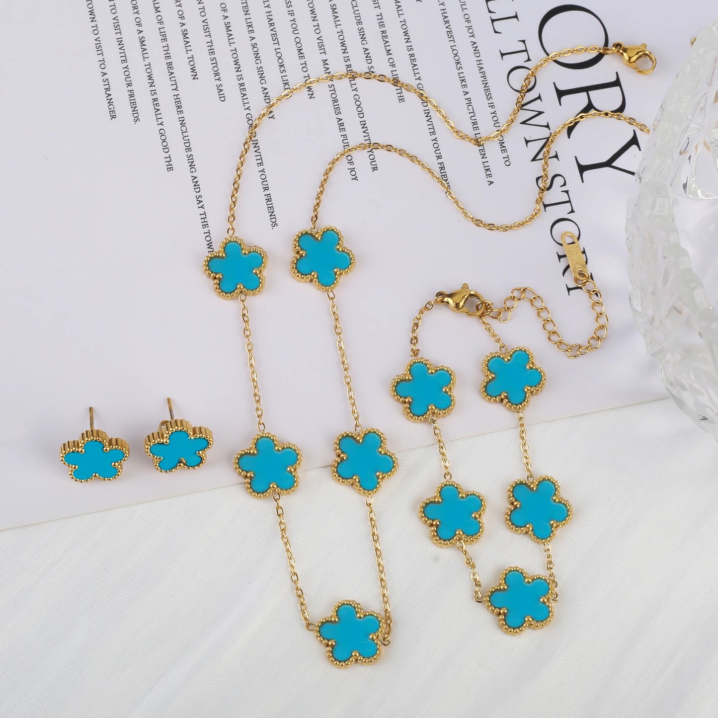Stainless Steel Clover Flower Jewelry Set 18K Gold