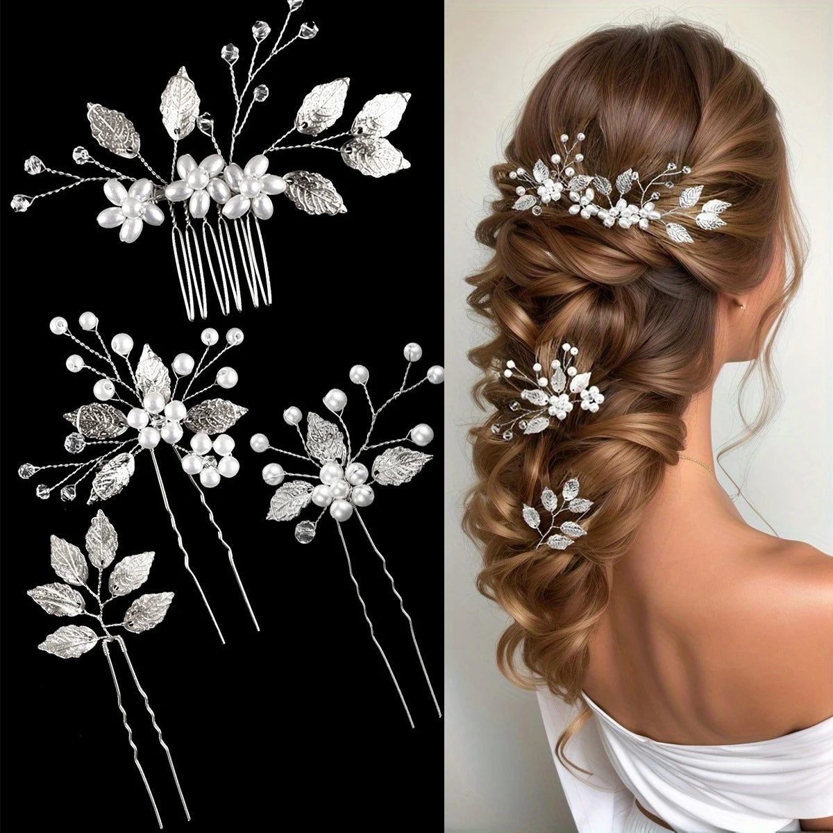 Flower Hairpin & Leaf Side Comb Set 4pcs