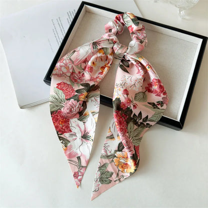 Flower Bow Satin Hair Ribbon Scrunchies – Vintage Ponytail Hairbands for Women