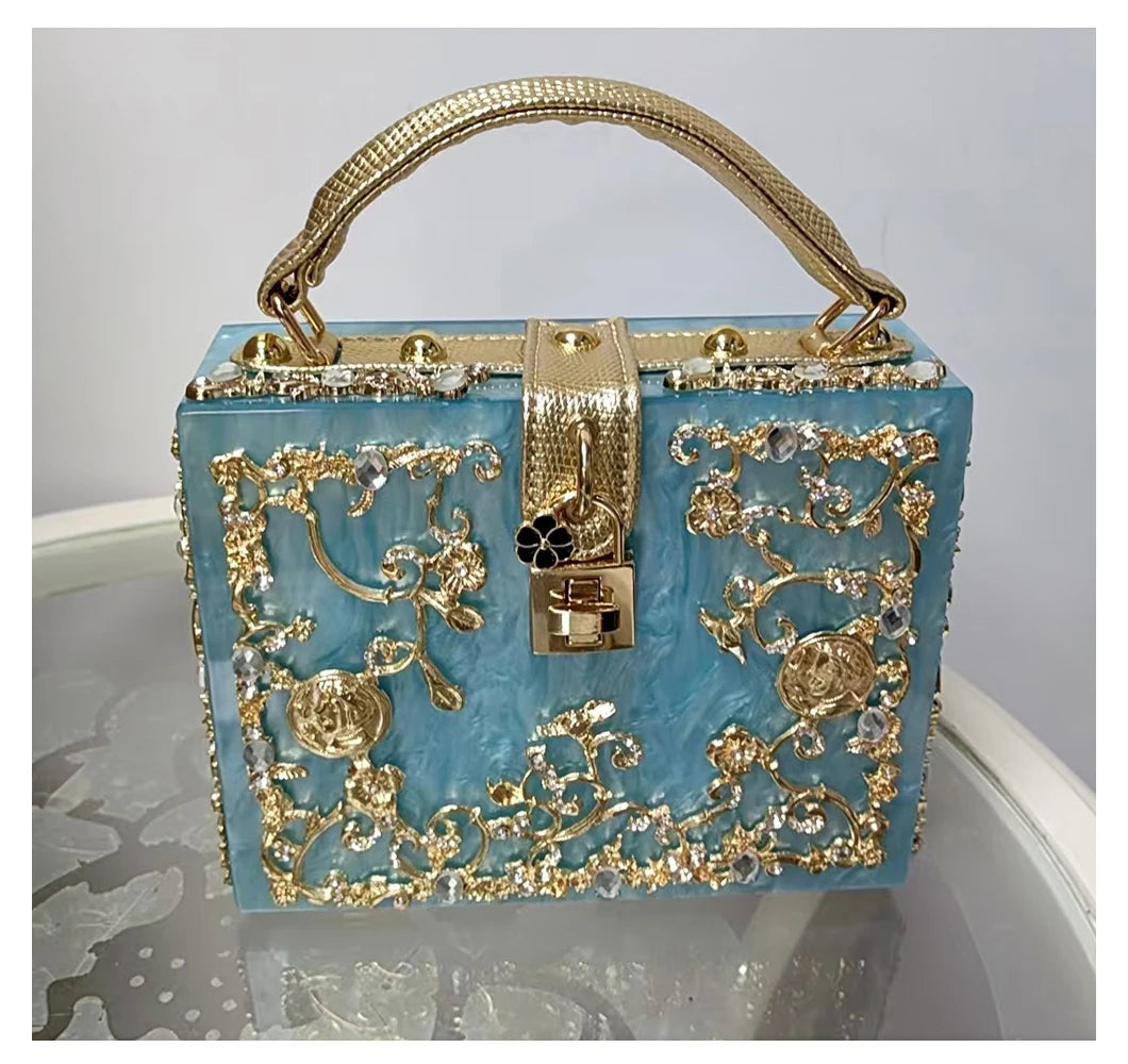Edenista acrylic evening bag turquoise clutch with ornate gold rhinestone filigree and handle