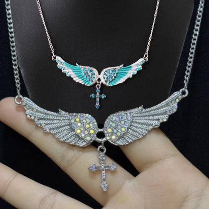 Angel Wings Cross Pendant Necklace – Crystal Rhinestone