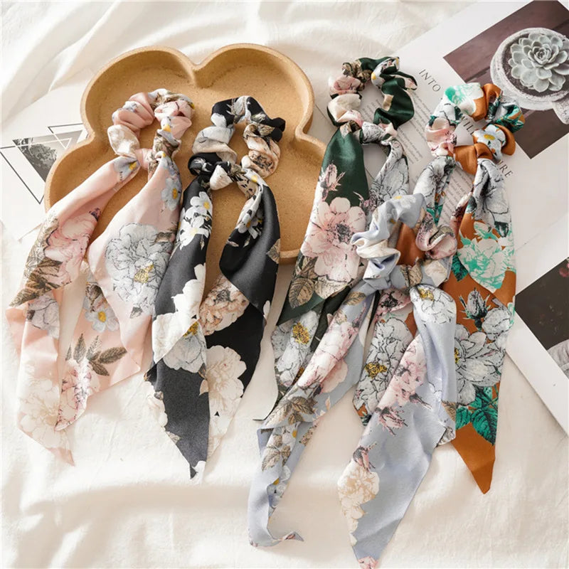 Flower Bow Satin Hair Ribbon Scrunchies – Vintage Ponytail Hairbands for Women