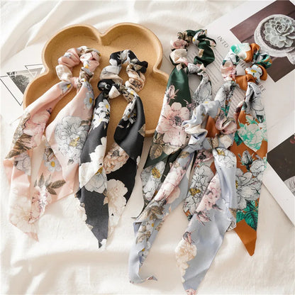 Flower Bow Satin Hair Ribbon Scrunchies – Vintage Ponytail Hairbands for Women