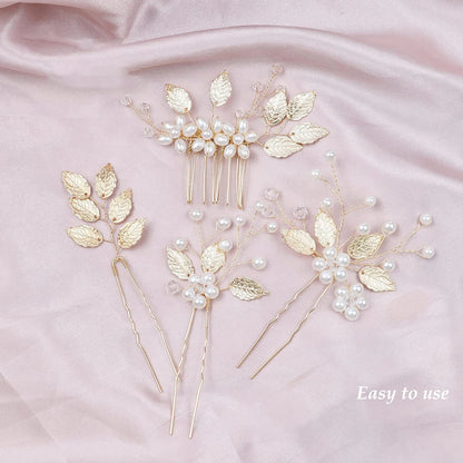 Flower Hairpin & Leaf Side Comb Set 4pcs