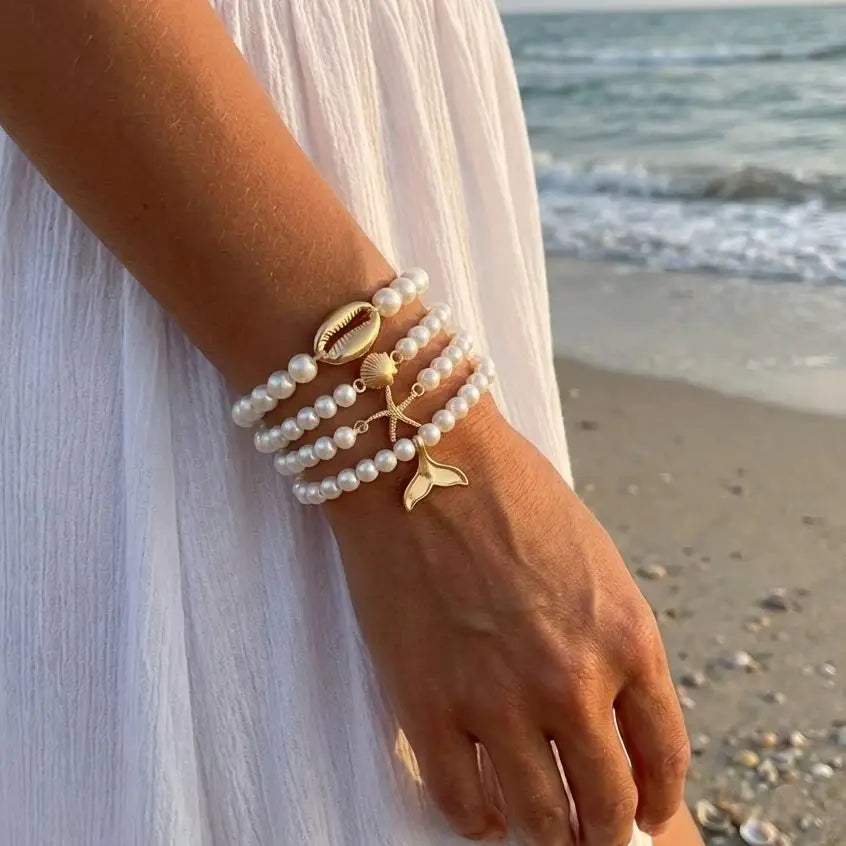 4pcs Imitation Pearl Beaded Chain Bracelets Set for Women Fashion by edenista