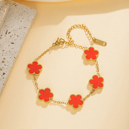 Adjustable Five Leaf Clover Flower Stainless Steel Bracelet