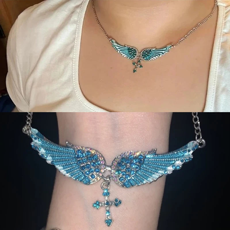 Angel Wings Cross Pendant Necklace – Crystal Rhinestone