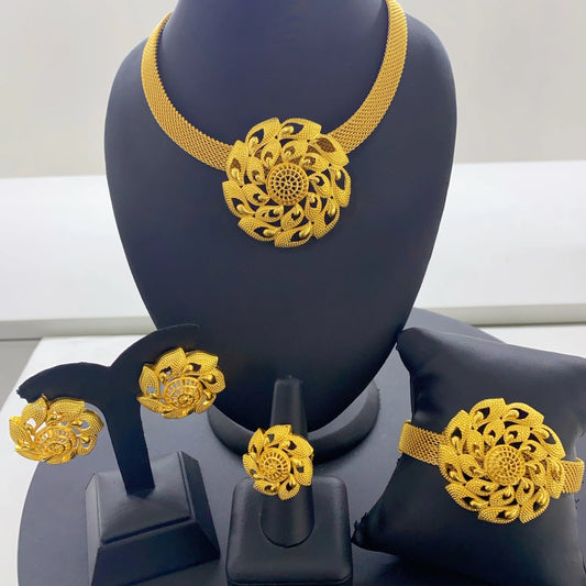 Arabic Gold Color Jewelry Set For Women Indian African Dubai Flower Necklace Earring Nigerian 24K Gold Plated Jewellery Gifts
