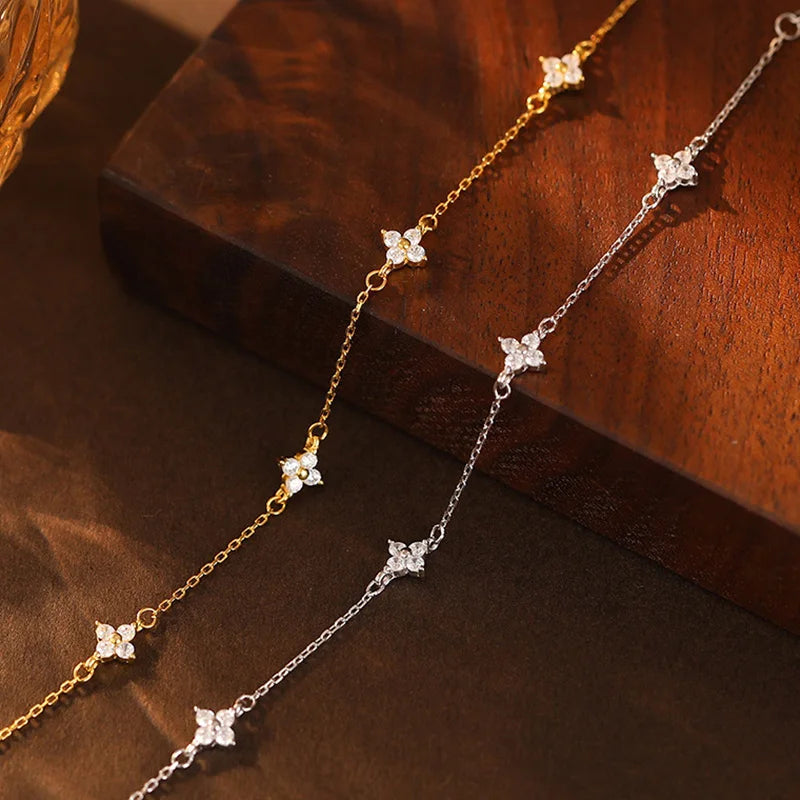 Four Leaf Flower Zircon Bracelet for Women – 925 Silver & 18K Gold