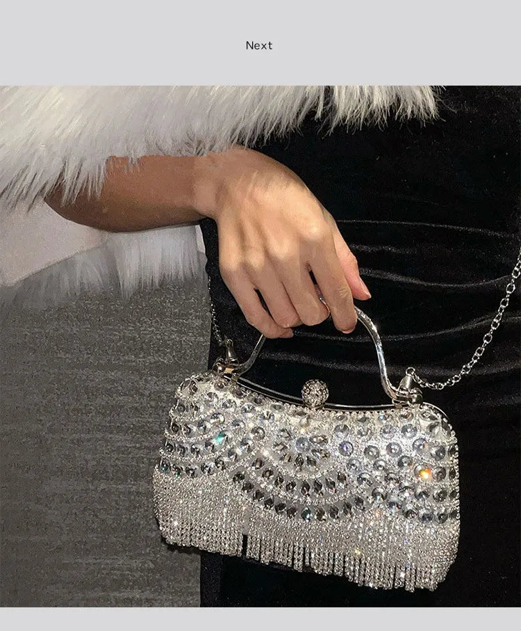 Edenista diamond evening clutch bag in silver rhinestones with fringe bead tassel and chain strap